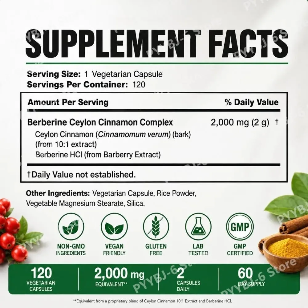 Berberine Ceylon Cinnamon Complex 2000mg แคปซูลมังสวิรัติ Non-GMO Gluten ฟรีอาหารเสริมเพื่อสุขภาพทุกวันสำหรับผู้ใหญ่ 120 นับ — image 3