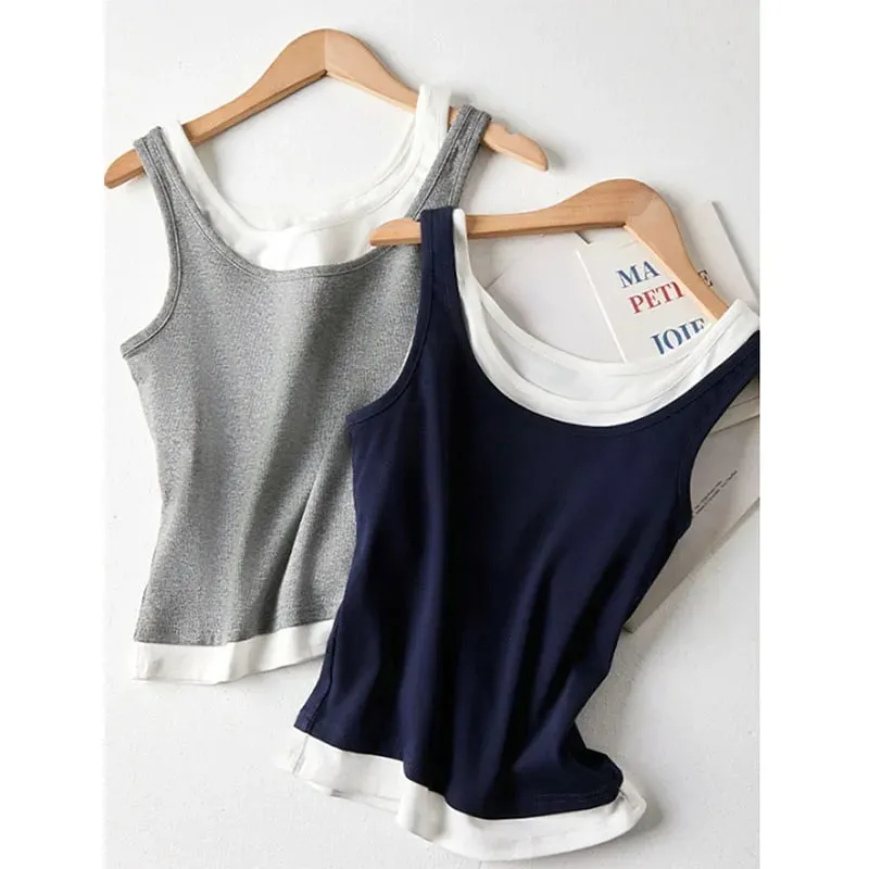Y2K Fake Two Pieces Tank Tops for Women Fashion Contrast Color Round Collar Sleeveless Vest 2026 Summer New Slim Short Camis — image 6