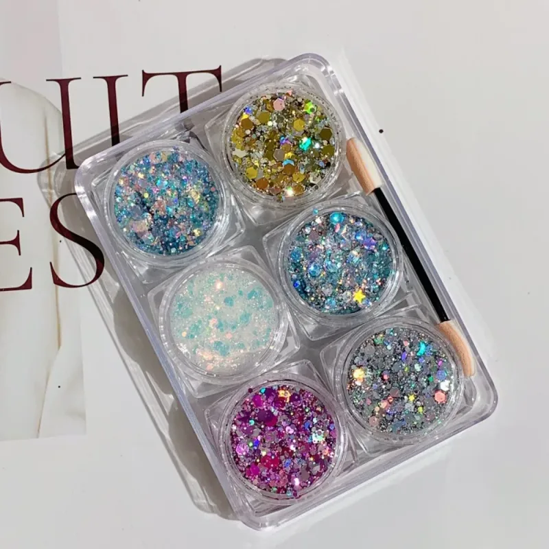 6 Teile/satz Sparkly Bunte Augen Glitter Gel Festival Glitter Gesicht Haar Pailletten Gel Creme Herz Stern Mond Pailletten