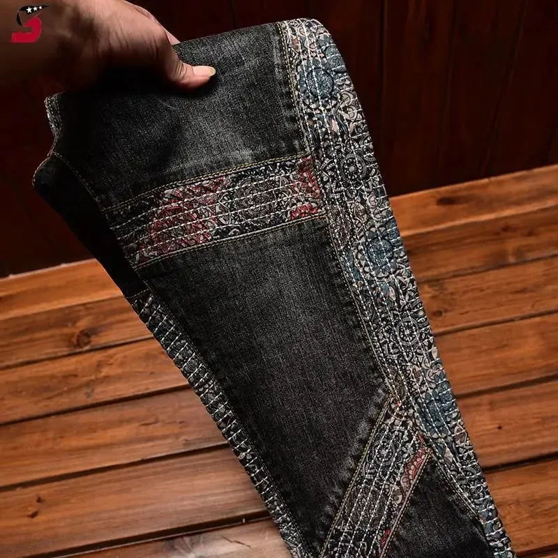 Stitching Embroidered Jeans Men's Contrast Color Fashion Stretch Slim Fit Skinny Personality Trend Fashion Motorcycle Trousers