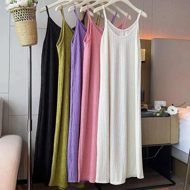Women Spaghetti Strap Dress 2026 Summer Solid Color Loose Long Beach Sundress Lasy Elegant Sleeveless Evening Party Midi Dresses — image 6