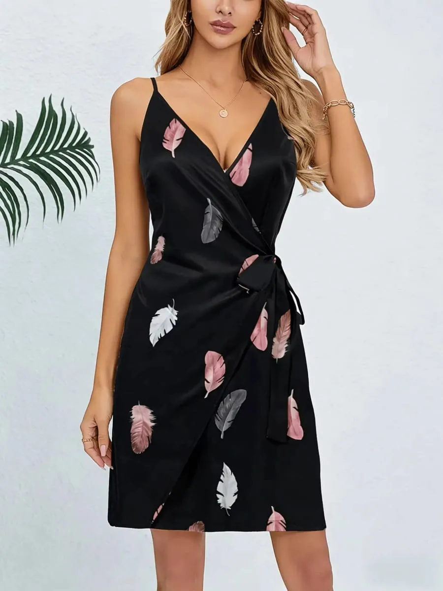 Mini Dress Spring Summer Women Black Satin Feather Print Spaghetti Strap Deep V Wrap Belted Casual Sexy Vacation Dress