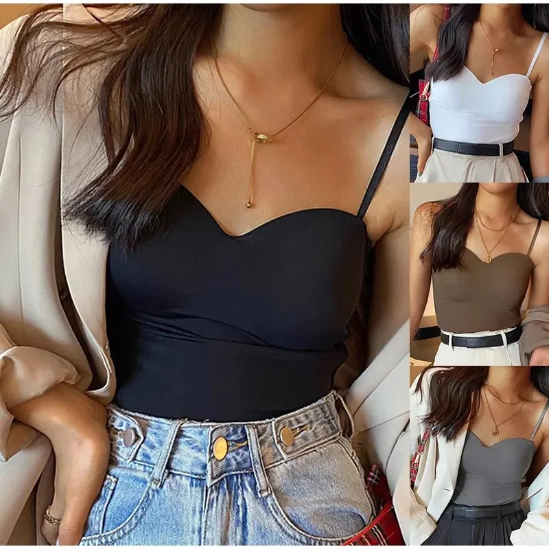 Ladies Thin Ice Silk Camisole Vest French Back Integrated Fixed Cup Traceless Vest Inside Match Outside Wear Short Hot Girl Top — image 2