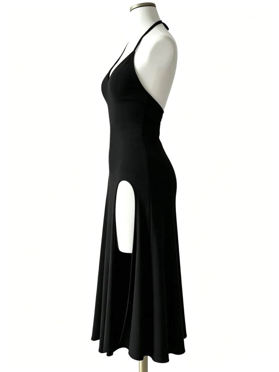 Atmospheric and Stylish Little Black Dress with Thin Halter Neck Deep V-Neck Waist-Cinching Design High Slits on Both Sides and a Flowing Slimming Long Gown — image 5