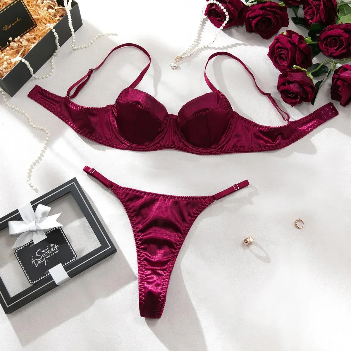 Push Up Underwire Satin 2 Pcs Sexy Bra Set Women Underwear Patchwork Bras and Thongs Suits Attractive Bilizna Intimate Set — image 9