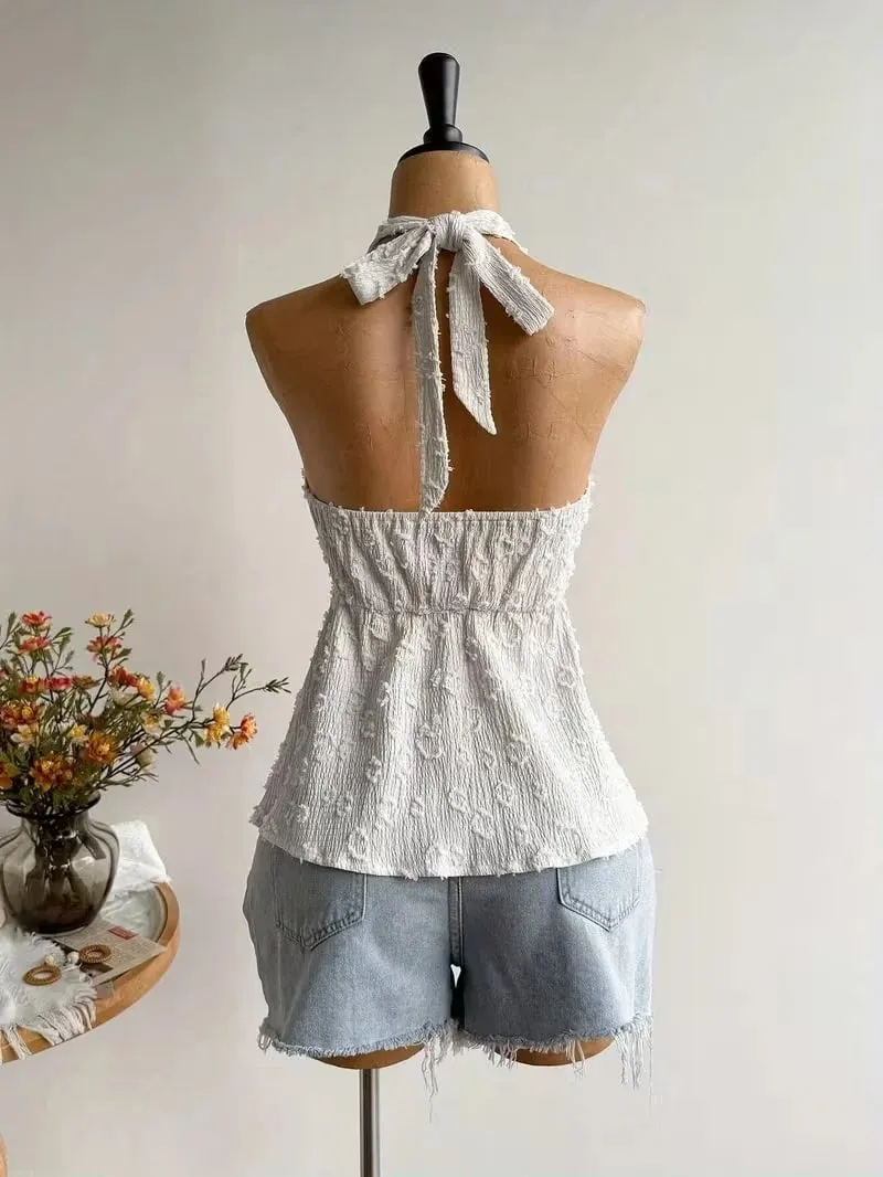 Ladies' Summer V-neck Lace Neck Strap Off Shoulder Leisure Vacation Easter Beach Wear Music Festival Top — image 3