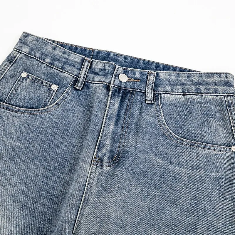 2026 Autumn Men Curved Seam Baggy Jeans Vintage Wash High Waist American Street Wide Leg Denim Pants