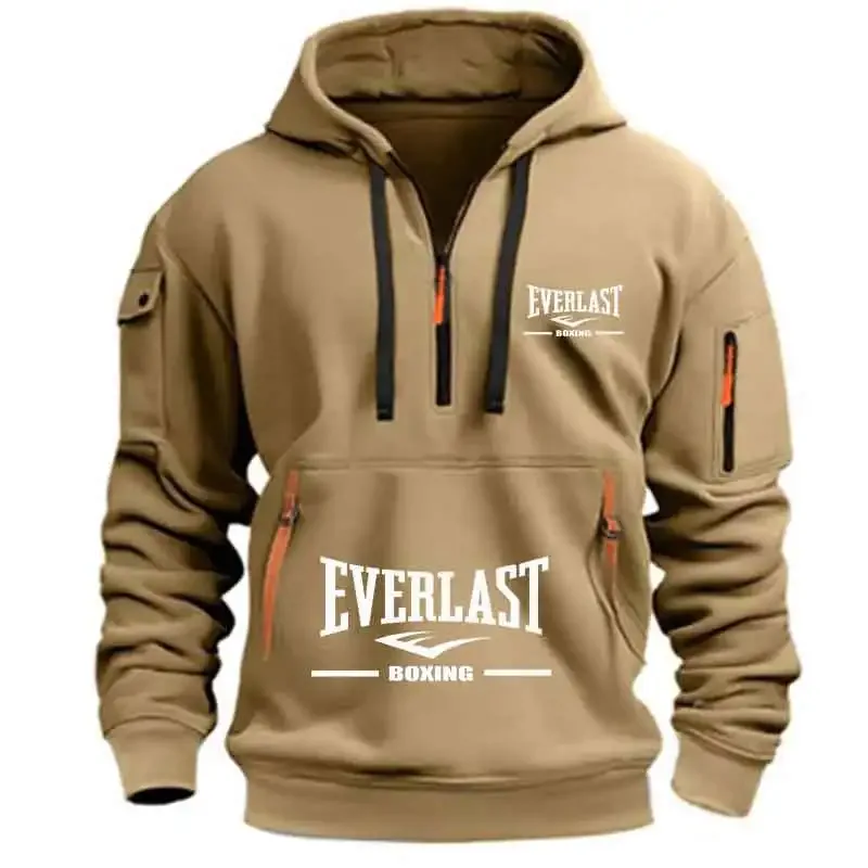 Men's Fashion Casual Hoodie Multi-pocket Sports Long-sleeve Sweatshirt Up Down Print Warm Half Zip Hooded Fitness Pullover Good — image 4