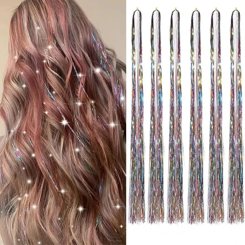 6pcs/set 38Inch Long Sparkling Fairy Hair Tinsel Rainbow Extensions Suitable for Braids Ponytails Shiny Strands Accessories