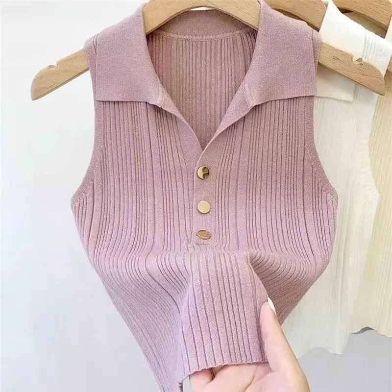 Zjaiss 2026 Spring Summer Slim Versatile Camisole Women's Polo Lapel Tank Tops Vest Ice Silk Knit Sleeveless Tops — image 11