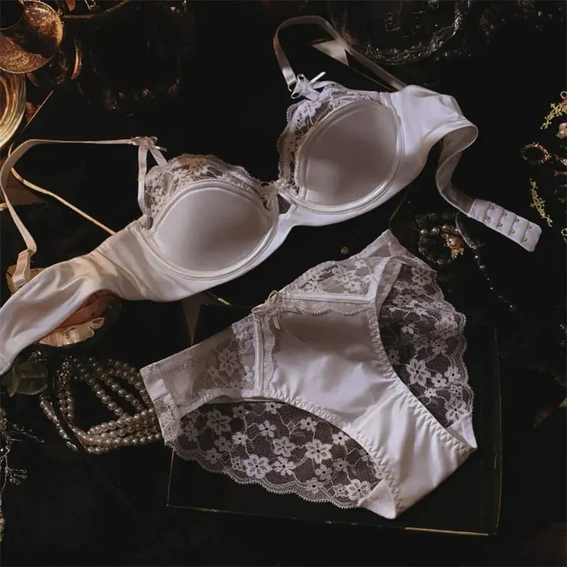 French Premium Satin Half Cup Lace Underwear Women's Thin Sexy Gathering Top Support Glossy Bra Set Big Breasts Small 32-38 Set — image 3