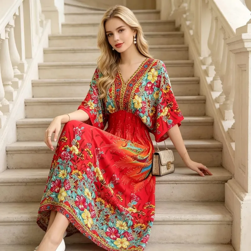 Boho Holiday Women V-Neck Batswing Short Sleeve A-Line Midi Dresses Slim Elastic Waist Casual Vintage Office Lady Elegance Dress — image 14