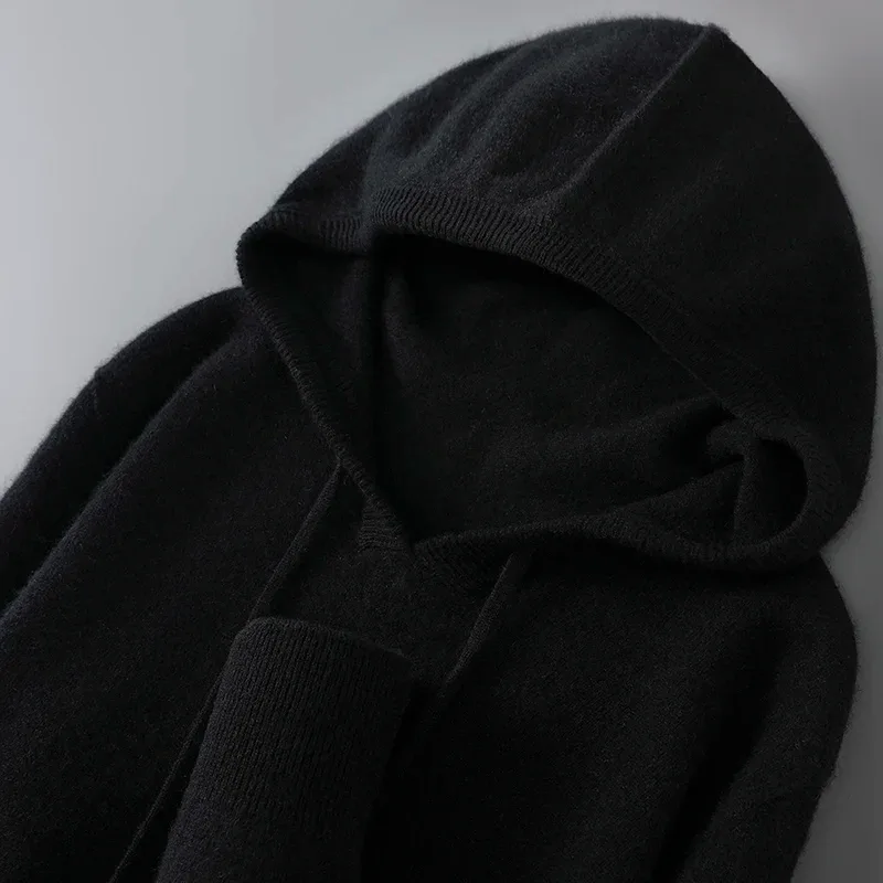 DjzDsm Autumn Winter Men's Sweater 100% Merino Wool Thick Hooded Pullover Soft Knitwear Casual Comfort Wool Clothing Tops — image 1
