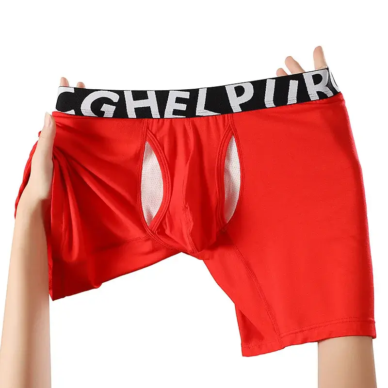 Men's Long Leg Cotton Boxer Briefs with Scrotum Pouch Anti-Chafing U Convex Separation Sports Underwear for Comfort