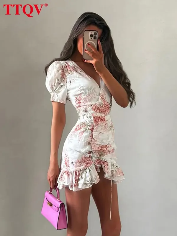 Sexy Slim Print Women's Dress 2026 Summer V-Neck Short Sleeve Mini Dresses Elegant Classic Ruffles Female Dress Streetwear