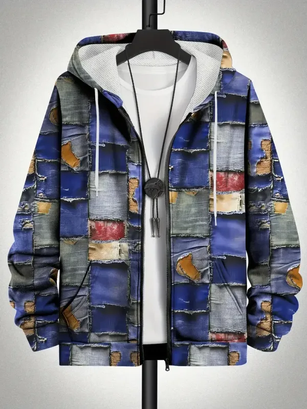 Retro Plaid Print Patchwork Zip Up Hoodie Men's Clothing Hot Style Long Sleeve Pullover Trend Streetwear Men Zip Up Hoodies — image 3