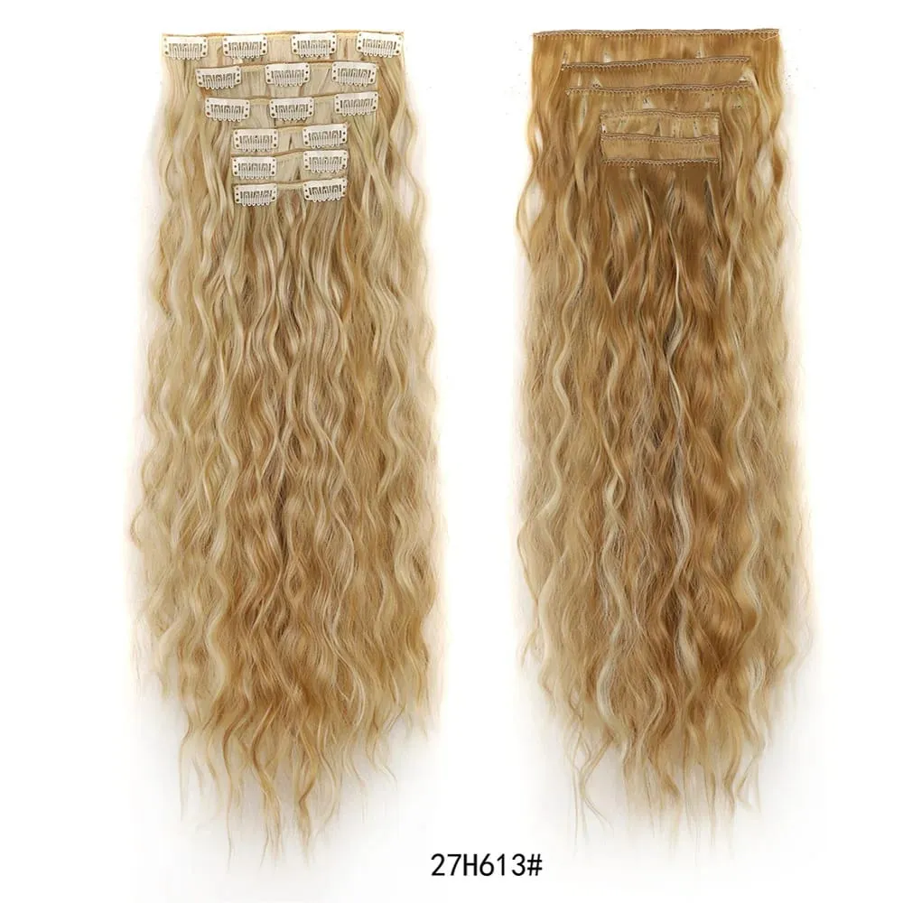 Clip in Synthetic Hair Extensions Brown Blonde Color Mermaid Waves Synthetic Hair Pieces for Women 6pcs Set