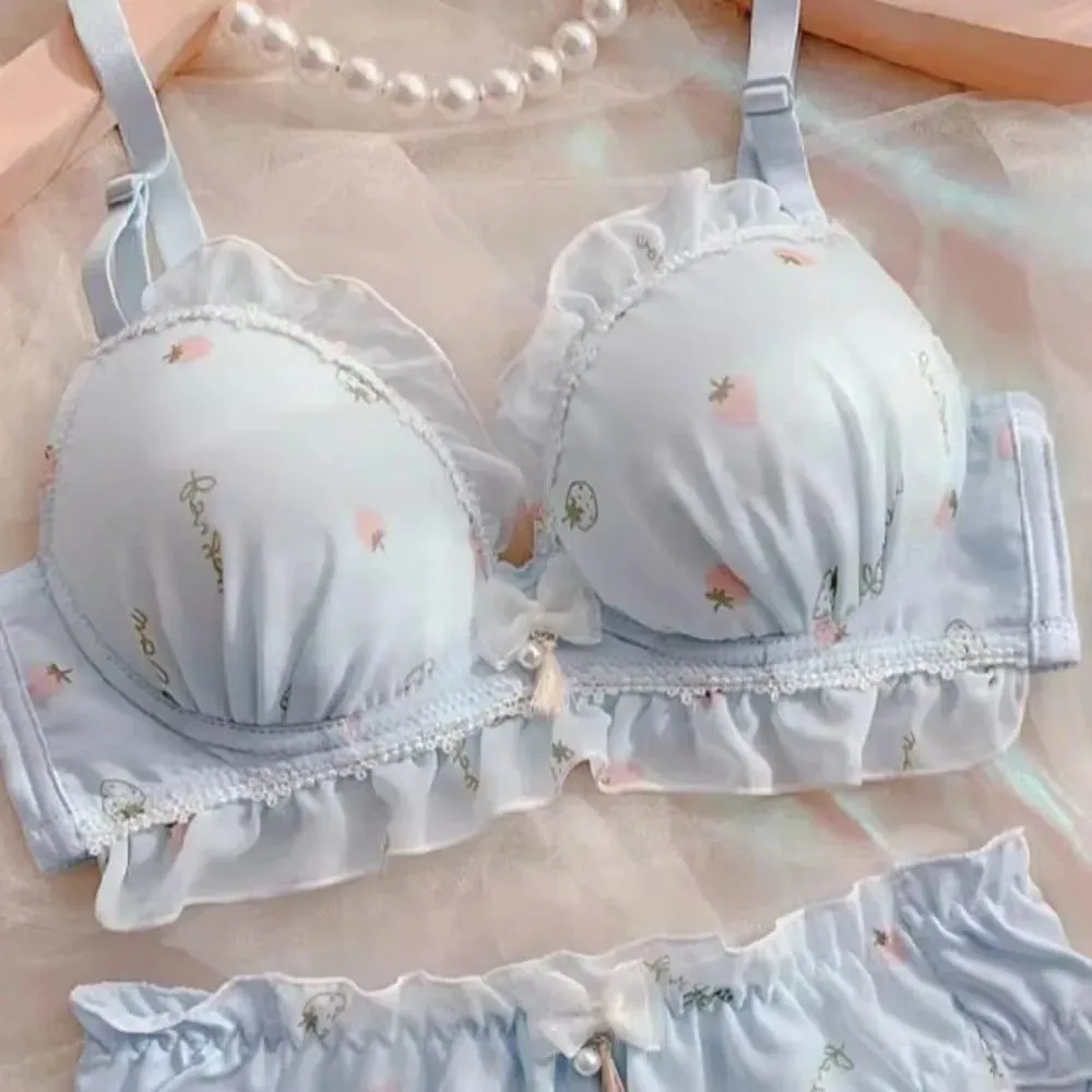 Cute Strawberry Print Wireless Thin Cup Push Up Bra Panty Set Kawaii Japanese Comfort Underwear For Small Chest Daily Wear S-XL — image 4