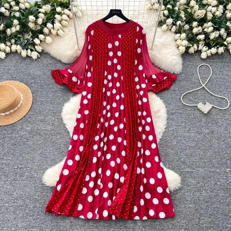Miyake Pleated Polka Dot Dresses 2026 Summer Flared Sleeves Round Neck Fashion Pleated Long Dress Women Draped Elastic Clothing