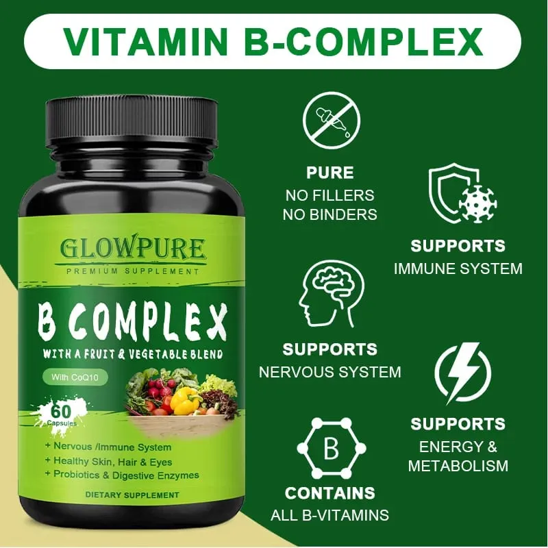 B Complex Vitamins for Nervous System & Energy - Supports Immunity Heart Health Hair Skin & Nails