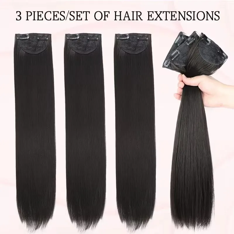 24Inch Synthetic 3pcs/set Long Straight Hair Extension Lightweight Black Brown Hair Accessories for Women Daily — image 5