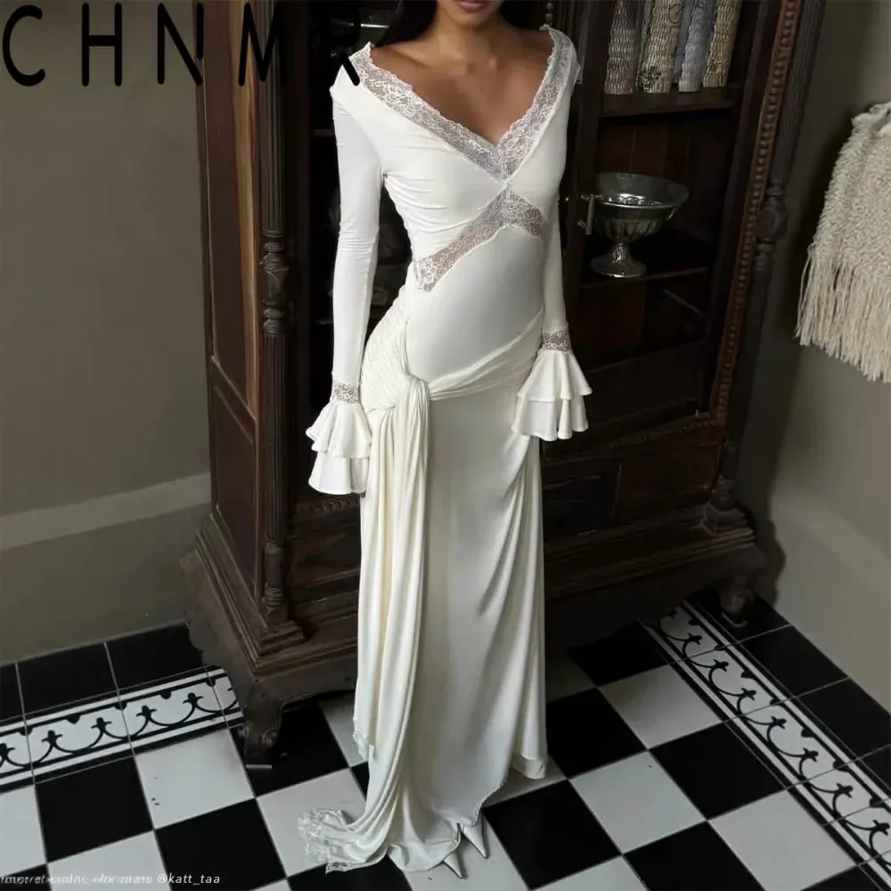 Women Elegant Long Sleeve Deep V-Neck Maxi Dress White Slim Fit Ruched Lace Patchwork High Waist Party Wedding Sexy Evening Gown — image 4