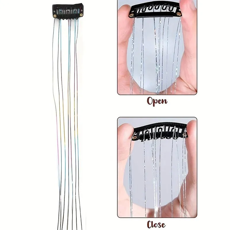12Pcs Clip Hair Tinsel Clip in Glitter Tinsel Hair Extensions Synthetic Heat Resistant Shiny Sparkle Hair Tinsel for Women Girls — image 6