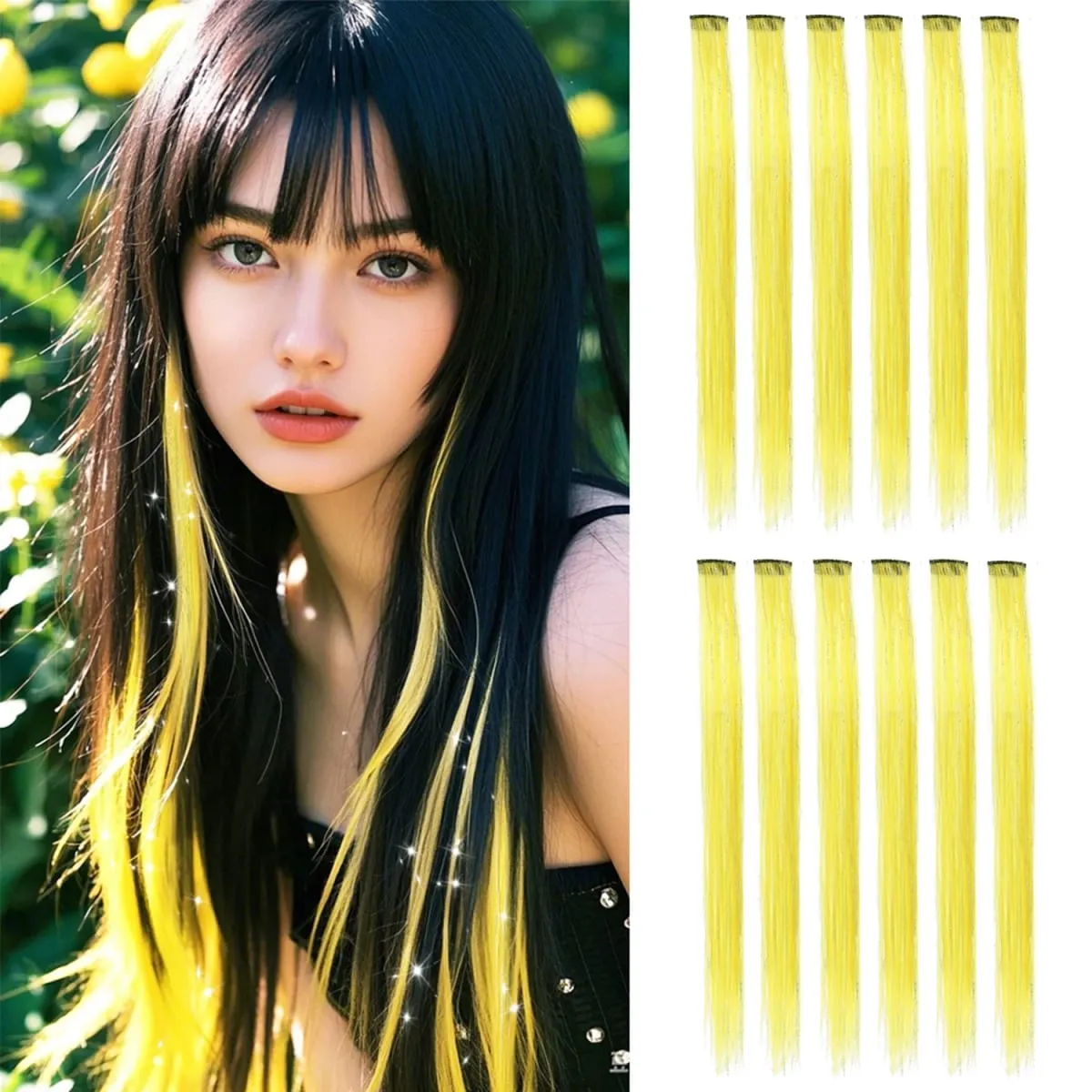 Synthetic Clip in Hair Extensions 12pcs/pack Clip in Colorful Hair Mixed Tinsels Glitter Hairpices for Women Girls Daily Party