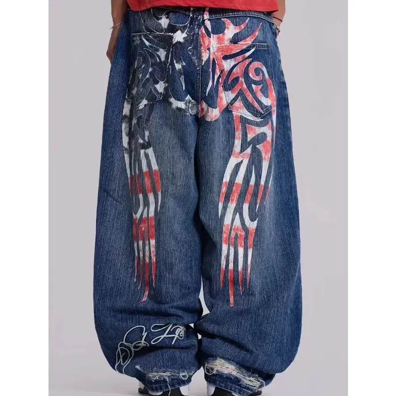 2026 new printed retro wide-leg casual slim trousers Hip-hop personality jeans Y2K women's dark fun graffiti floor-length pants