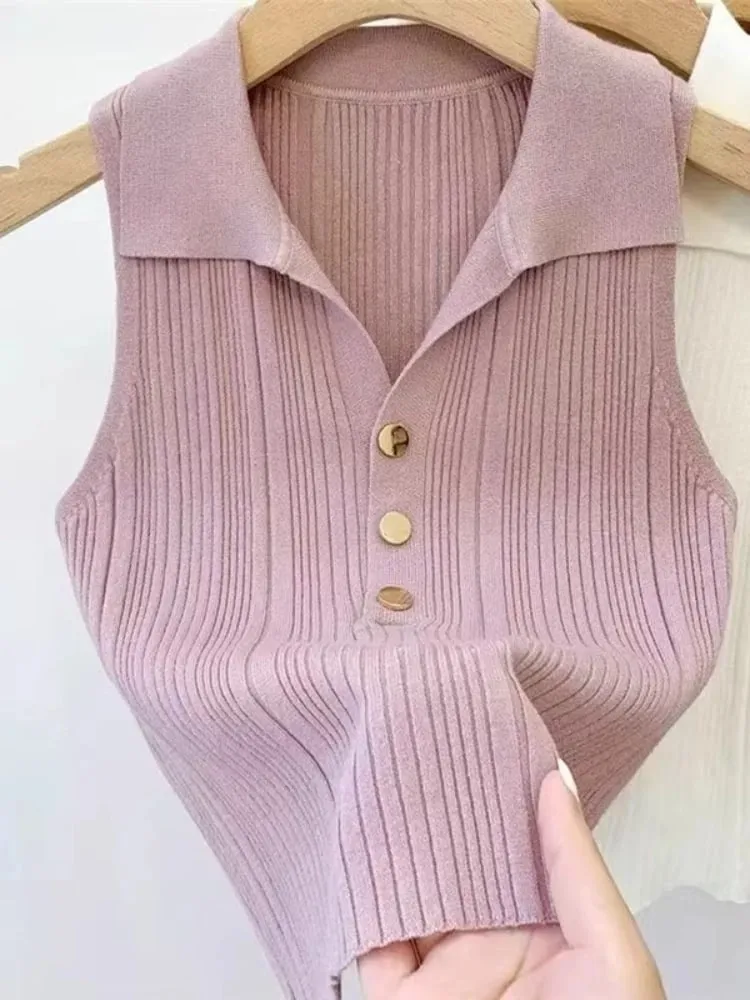 Zjaiss 2026 Spring Summer Slim Versatile Camisole Women's Polo Lapel Tank Tops Vest Ice Silk Knit Sleeveless Tops — image 6