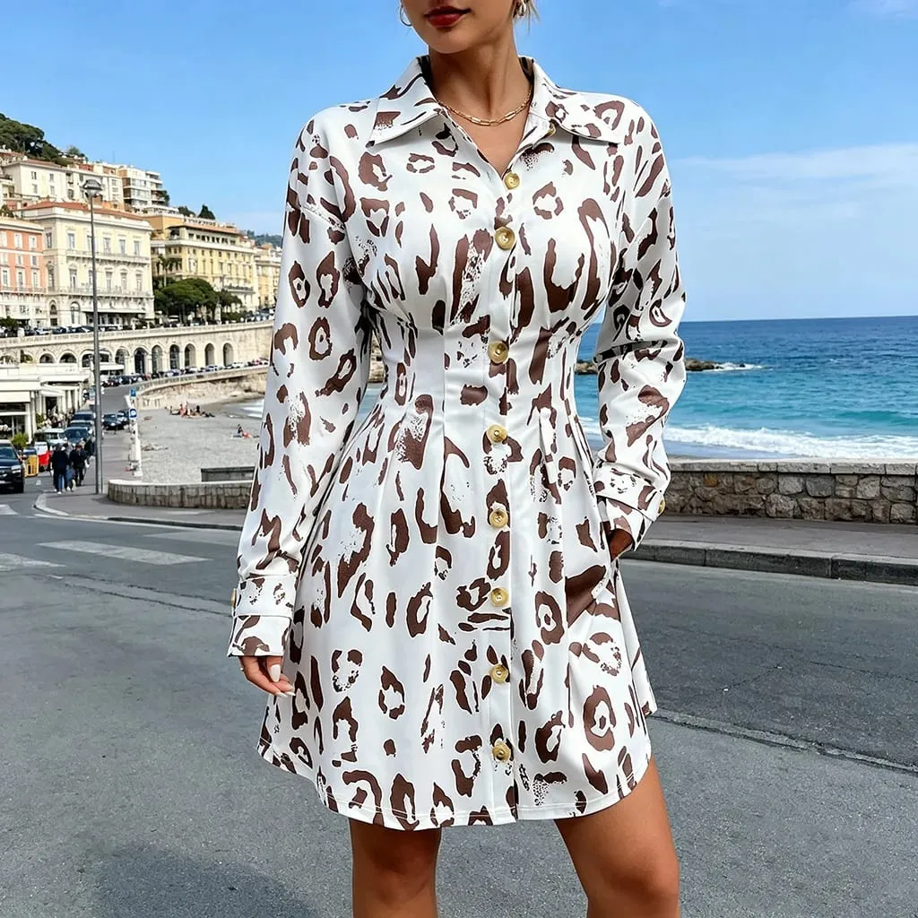 2026 New Women Leopard Print Shirt Dress Long Sleeve Turn-Down Collar Button Up Waist Mini Dress Casual Office Elegant Dresses — image 2
