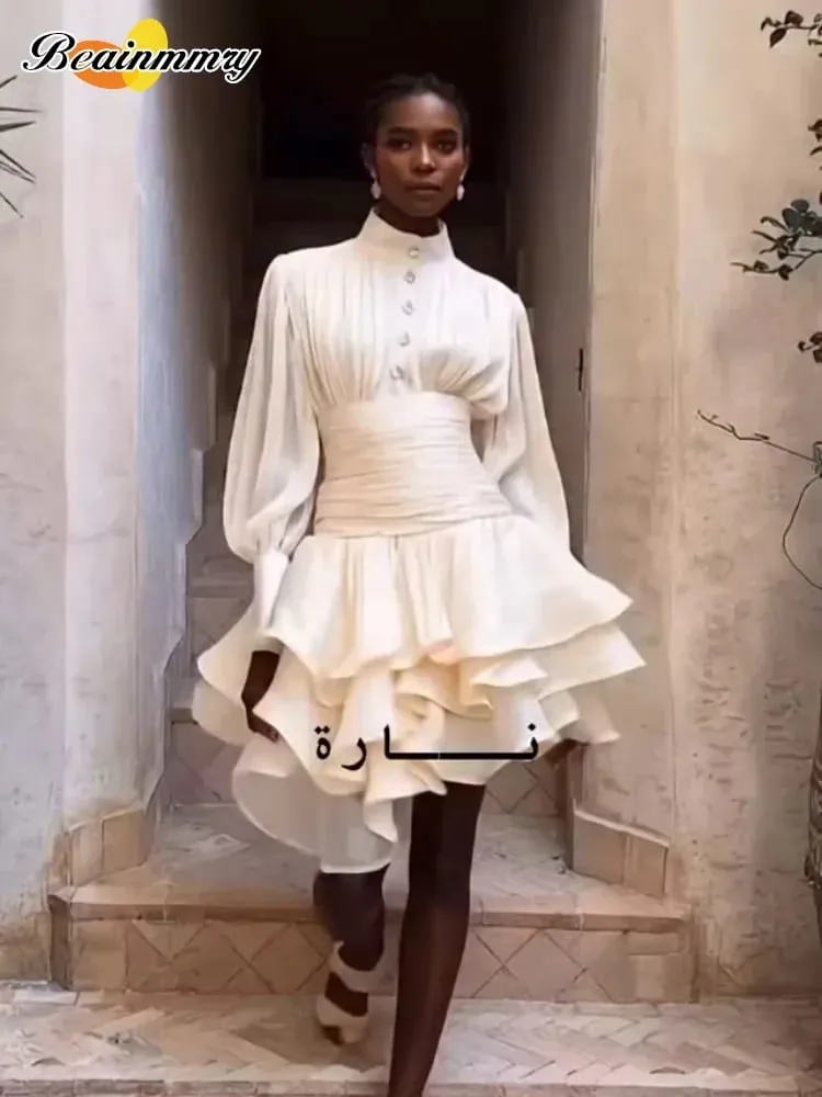Cream Victorian-inspired Mini Dress Women Puff-sleeve Ruched Tiered Romantic Cottagecore Party Dresses 2026 Trendy Chic Outfit — image 6