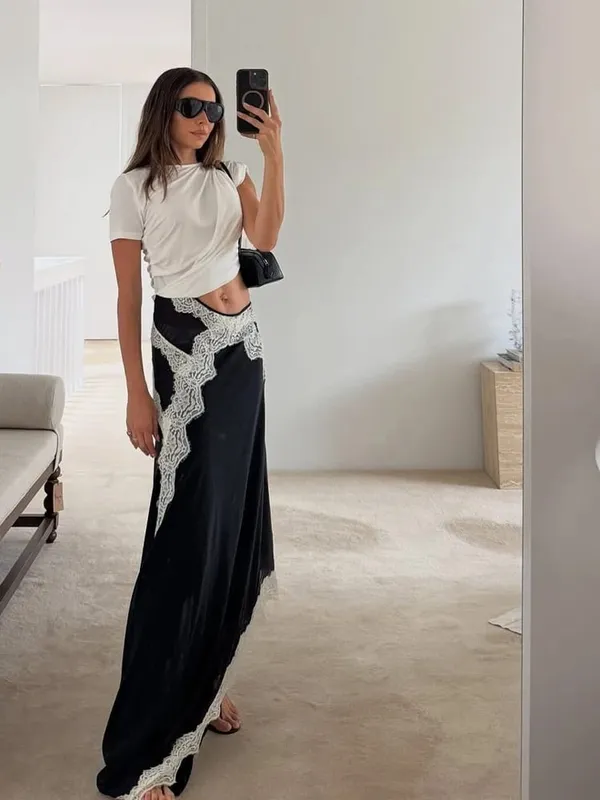 Lace Patchwork Cut Out Short-sleeve Twisted Tee Dress Color Block Gathered Lace Panel Maxi Dresses Women's Chic Daily Outfit
