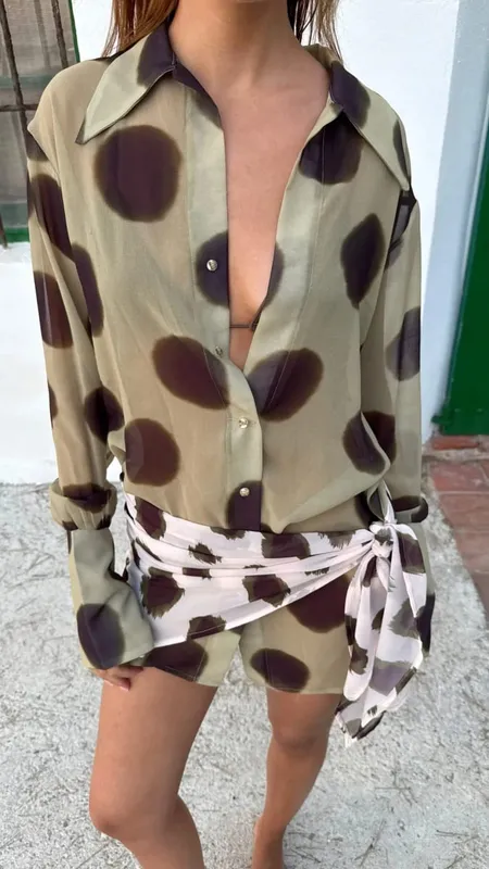 2026 Women Chic Vacation Outfits Fashion Leopard Print Sheer Chiffon Shirt Casual Turn-down Collar Mini Dress & Detachable Scarf — image 12