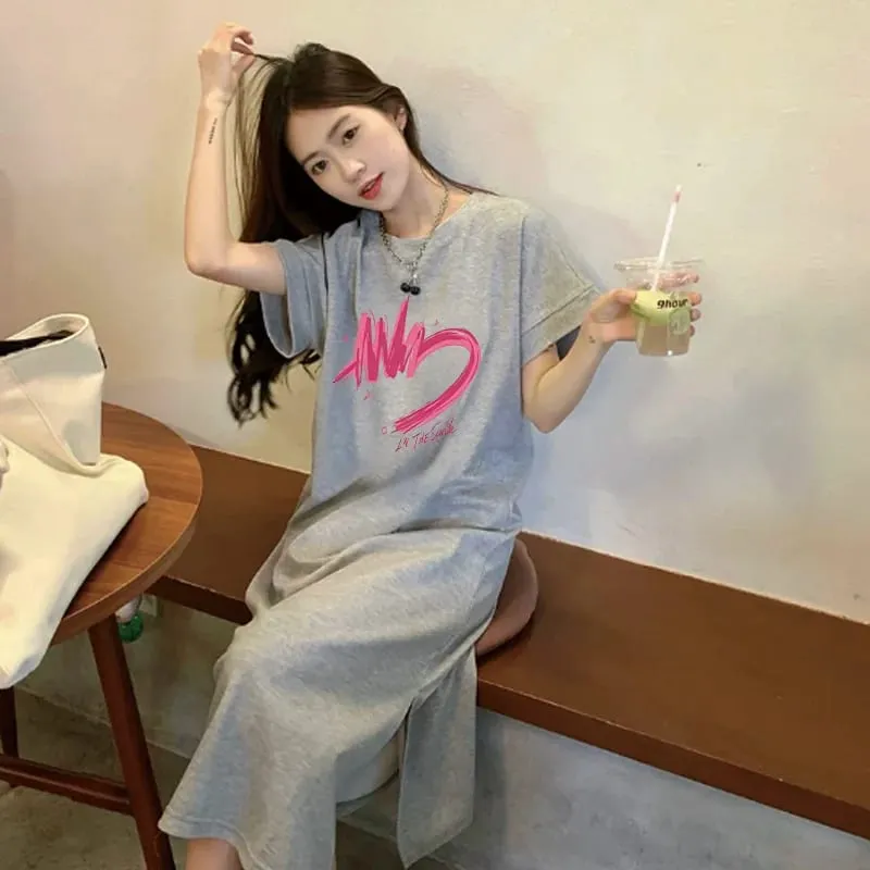 Women Summer Casual T‑Shirt Dress Short Sleeve Round Neck Letter Print Loose Long Maxi Dress Streetwear Oversized Sundress — image 2
