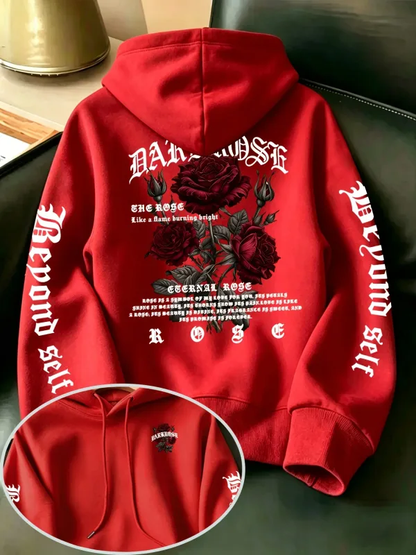 Men's Gothic Rose Hoodie Dark Red Rose Letter Graphic Back Sleeve Print Vintage Oversized Pullover Sweatshirt Streetwear Autumn — image 9