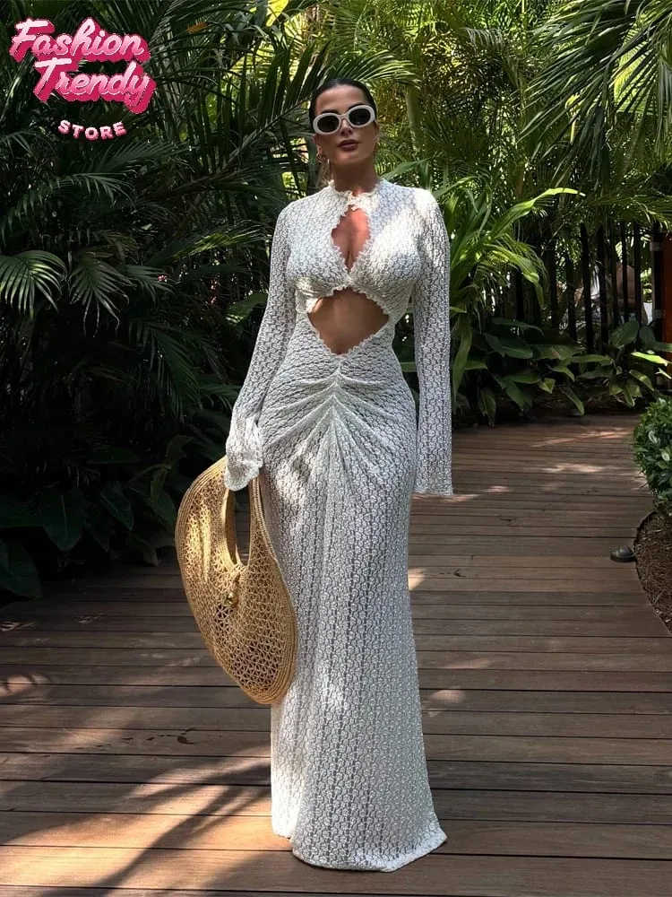 Fashion Hollowed-out Lace Patchwork Dress Women Solid O-neck Long Sleeve Pleated Bodycon Maxi Dresses Summer Lady Vacation Gown — image 6