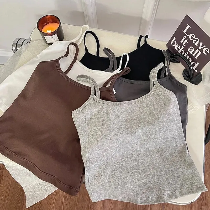 1PC Cotton Spaghetti Straps Sleeveless Slim Camisole Women Soft Breathable Vests with Chest Pad Summer Wear Outside Short Tops — image 4