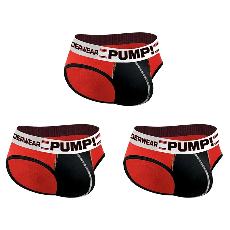 Men's Cotton Color Block Briefs, Pump! Logo Wide Waistband Low Rise Sexy 3D Convex Pouch Underwear — image 30