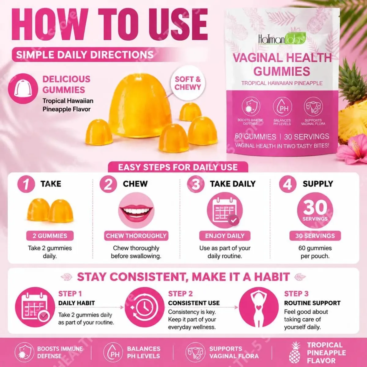HalmanLabs Vaginal Health Gummies with Probiotics and Vitamin C Balances PH Levels and Supports Vaginal Flora - 60 Gummies — image 6