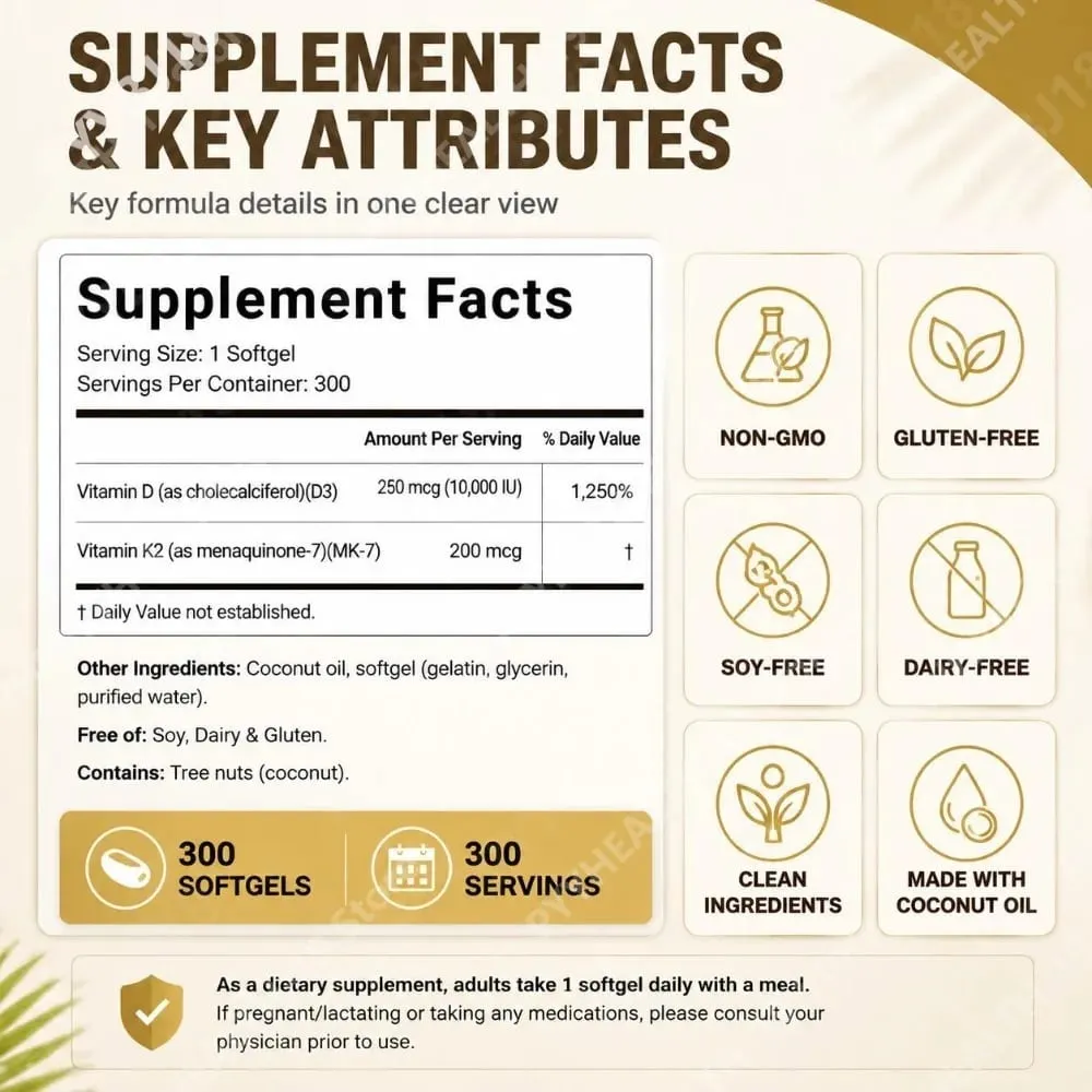 Vitamin D3 & K2 Softgels with 10 000 IU Vitamin D3 & 200 mcg K2 for Immune System & Bone Strength Support Adults 300 Softgels