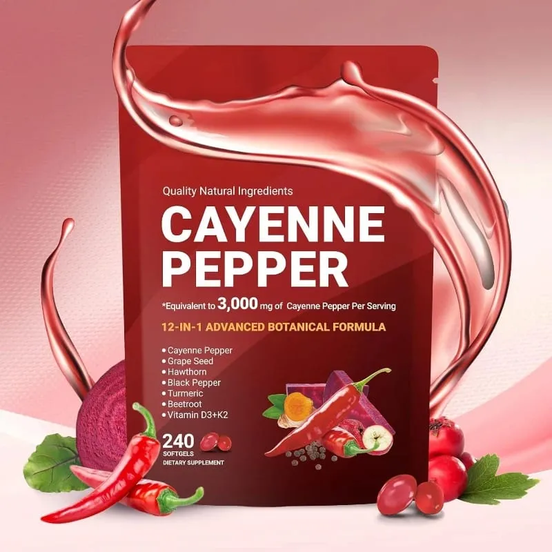 Cayenne Pepper Softgels Supplement with Grape Seed Beetroot Turmeric Vitamins D3 K2 Herbal Supports Leg Vein Blood Vessel Health