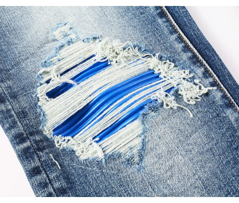 Fashionable New Men's Retro Blue Jeans With Pleated Elastic Perforated Blue Leather Patch Tight Tapered Pants Y2K — image 5