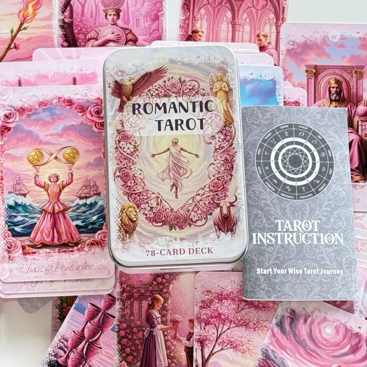 Romantic Tarot Cards in Metal Box With Paper Guidebook 12*7cm Rose Series Divine Guidance Board Games — image 1