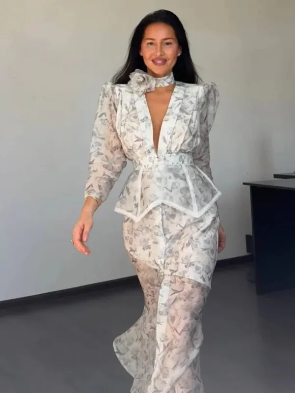Chic Puff Sleeve Flora Printed Maxi Dress V-neck Waist Cinching Split Elegant Women's Dresses for Party 2026 Female Clothing New
