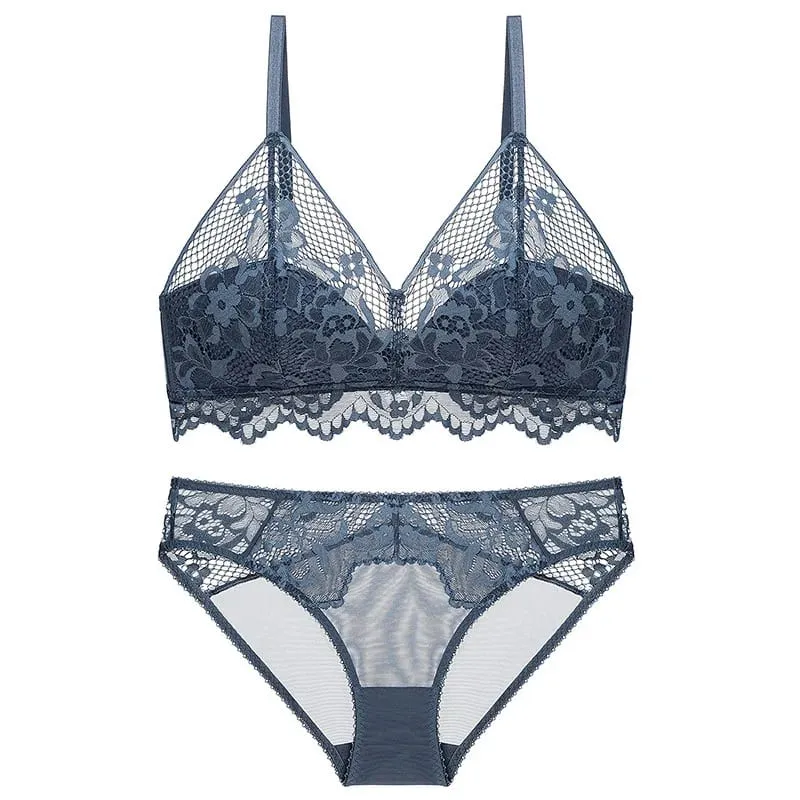 Summer Trendy French Lace Mesh Triangle Bra Set Wire-Free Transparent Breathable Lingerie 3D Draping for Perfect Shape & Comfort
