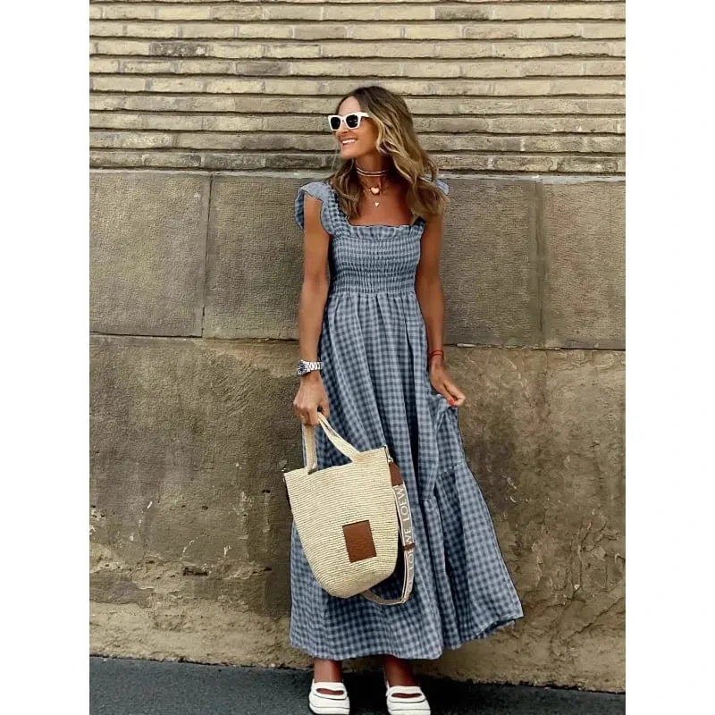 Elegant Temperament Plaid Patchwork Slip Boho Dress Summer Ruffle Backless Pleated Elastic Waist Swing Loose Party Dresses — image 5