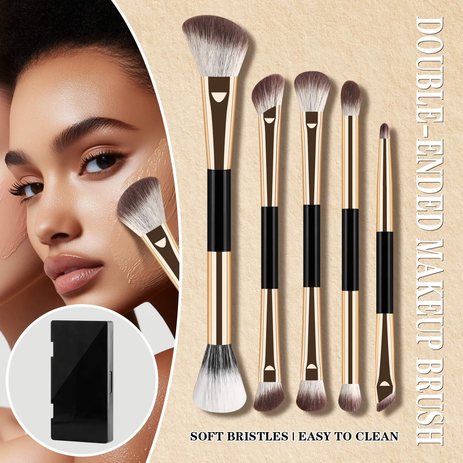 5Pcs Dual Ended Face Eye Brush Kit With Storage Box Blush Detail Eyeliner Brushes For Travel Touch Up