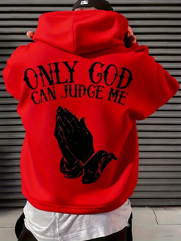 Men's "Only God Can Judge Me" Hoodie Streetwear with Praying Hands Graphic Inspirational Pullover for Casual Wear Style — image 3