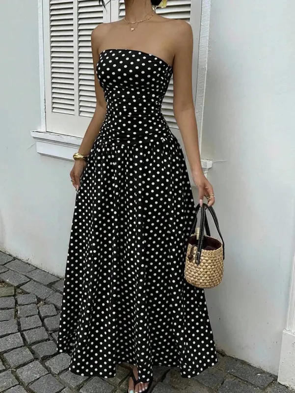 Summer Polka Dot Strapless Sleeveless Long Dress Women 2026 Fashion Off Shoulder Slim Ruffles Dresses Elegant — image 8